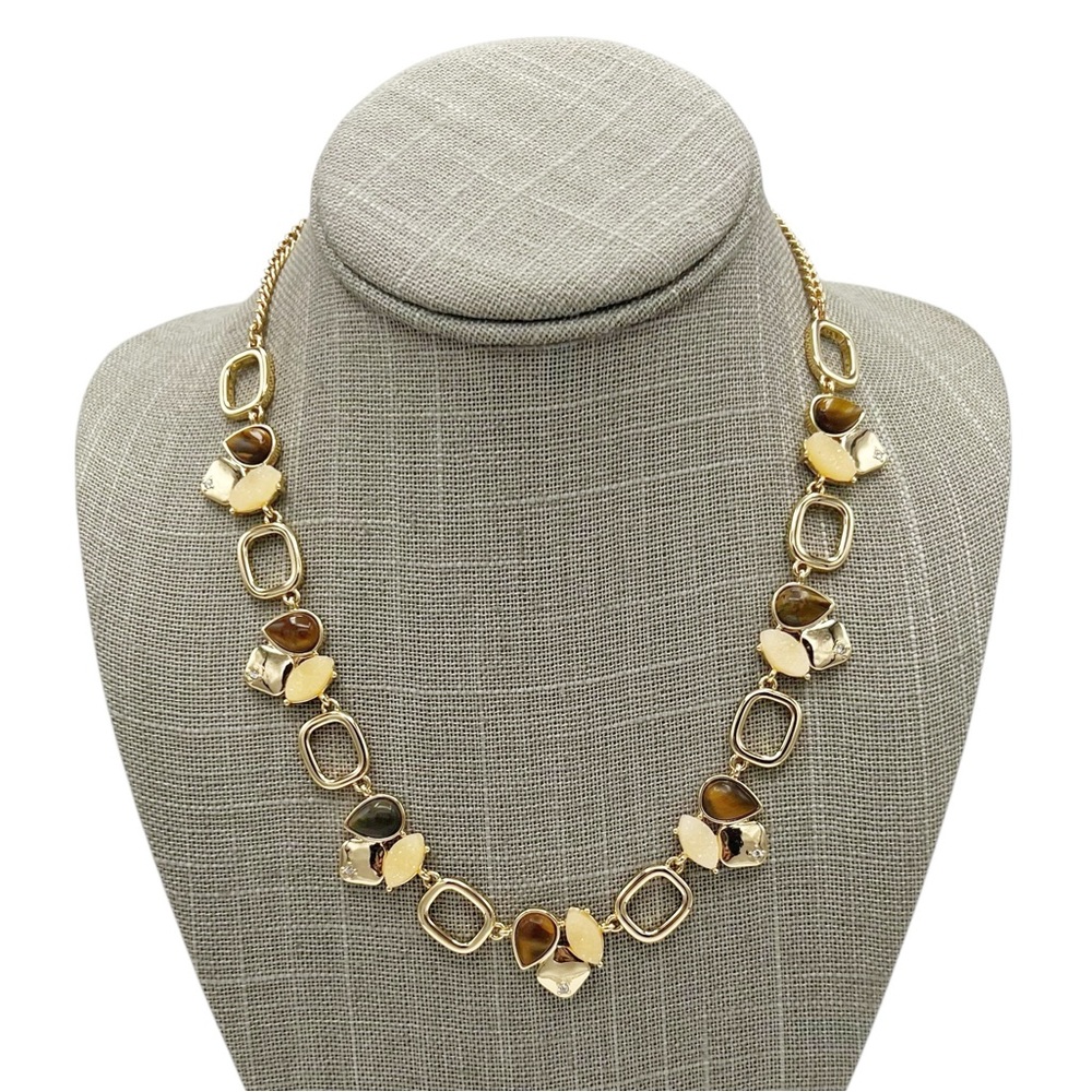 NWT Tahari Gold Tone Druzy Crystal Tiger Eye Linked Necklace